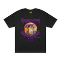 Black T-shirt with purple logo and skull circle graphic, short sleeves