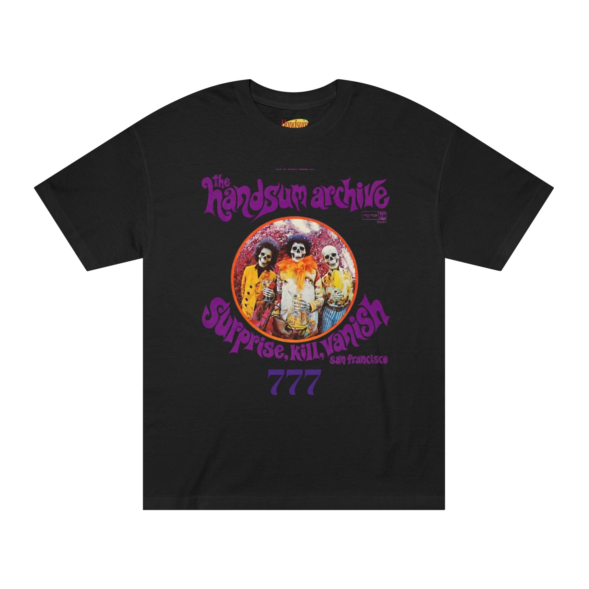 Black T-shirt with purple logo and skull circle graphic, short sleeves