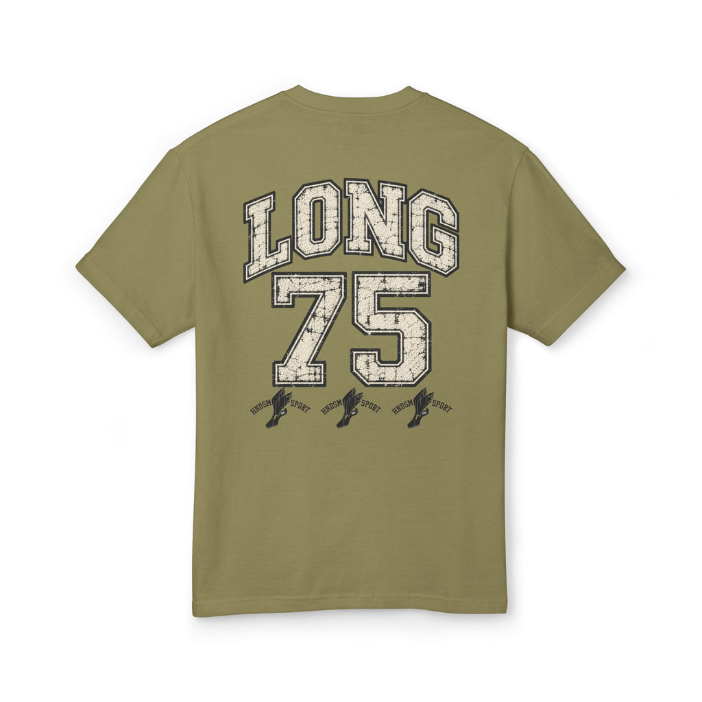 Olive crewneck T-shirt with 'LONG 75' back graphic and small boot icons