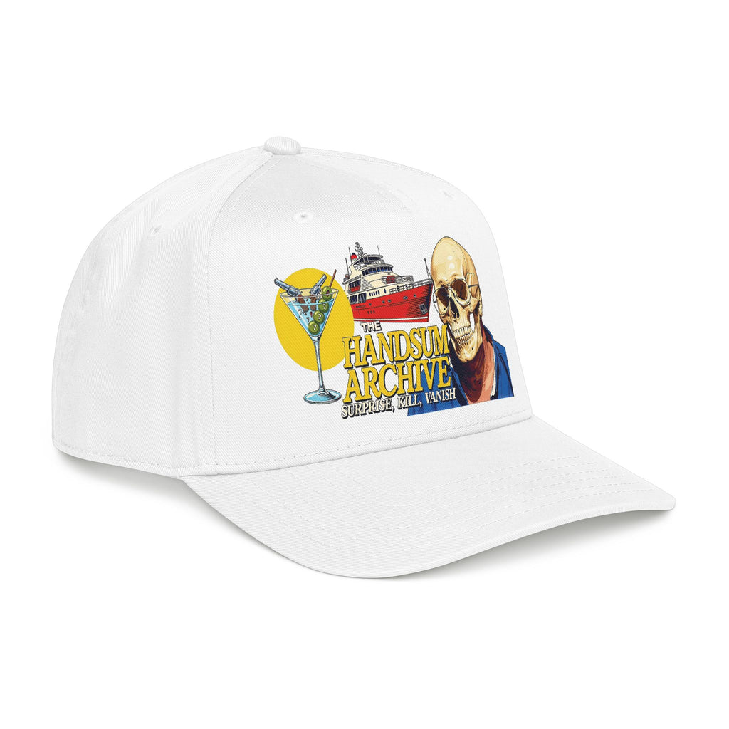 White baseball cap with front skull and cocktail graphic, curved brim and eyelets