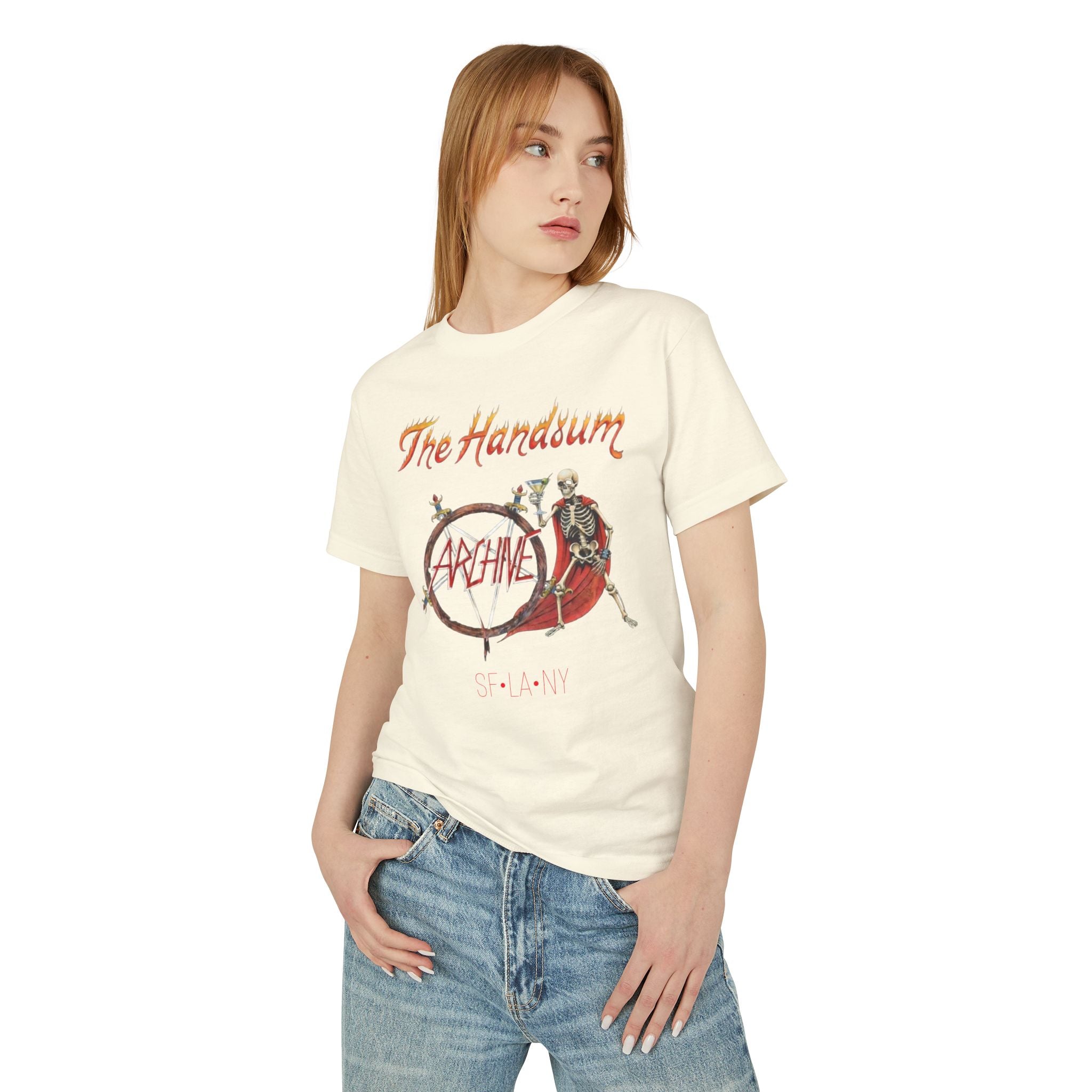 Cream Slayer Generational tee with front skeleton-and-circle “ARCHIVE” graphic.