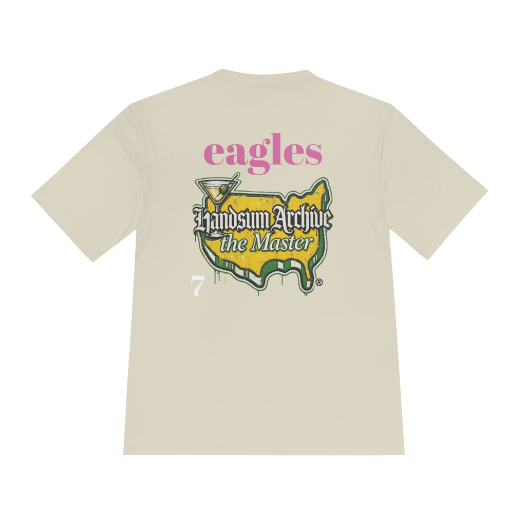 Light cream T-shirt with back “eagles” lettering and “Handsum Archive the Master” graphic.