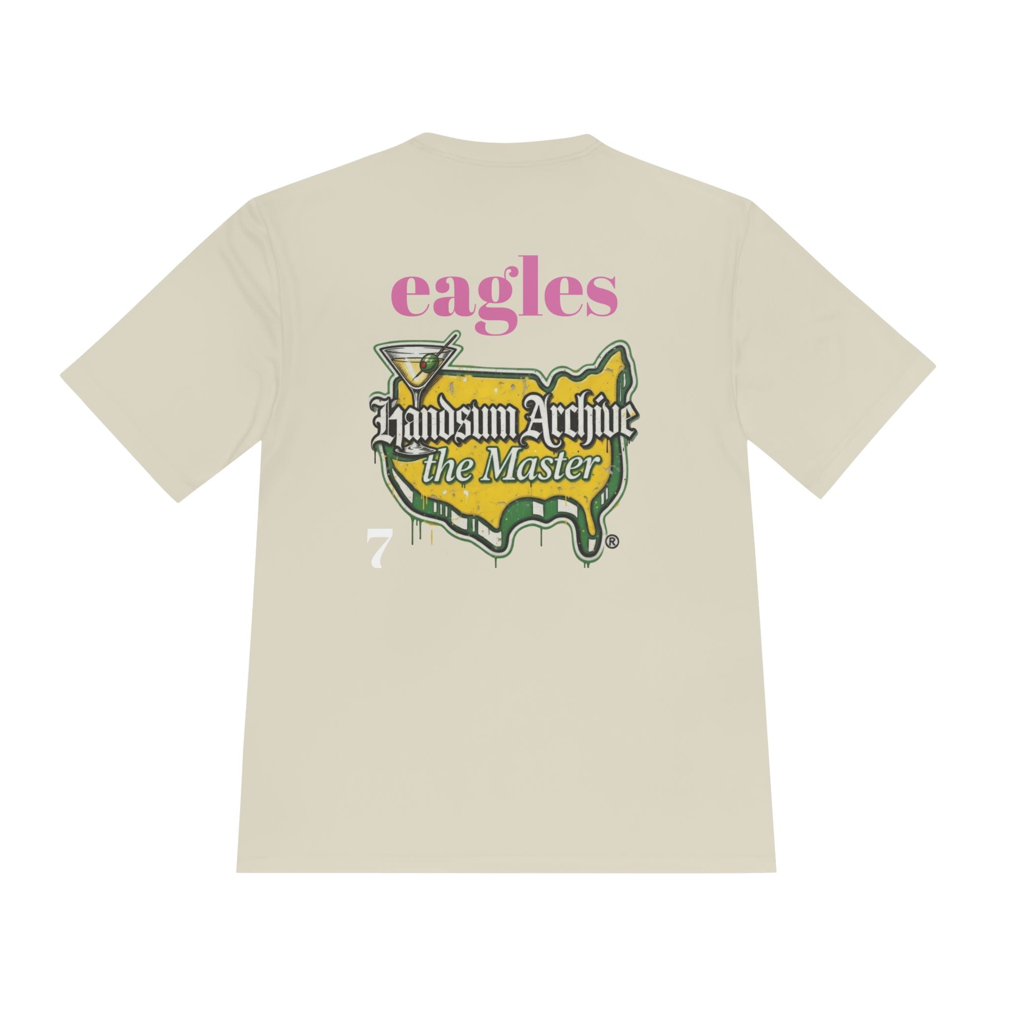 Light cream T-shirt with back “eagles” lettering and “Handsum Archive the Master” graphic.