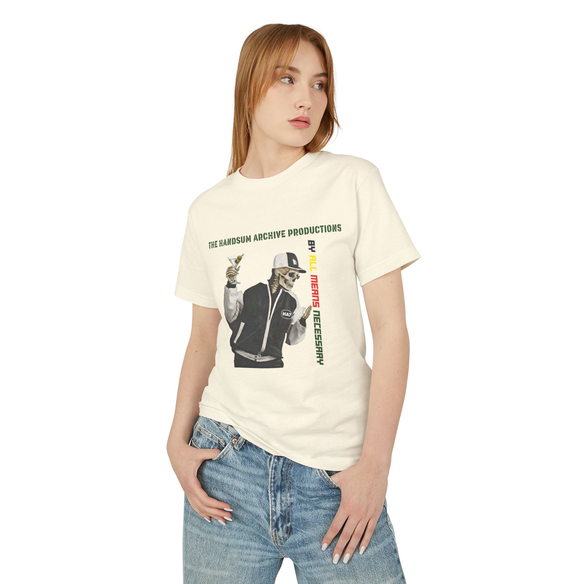 Cream cotton graphic T-shirt with vintage-style character print and vertical red “LIFESTYLE” text