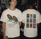 Off-white cotton graphic tee with red parrot front; back has lottery icon grid