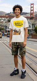 White crewneck T-shirt with colorful “Le Voyage de Archives de Handsum” graphic on front