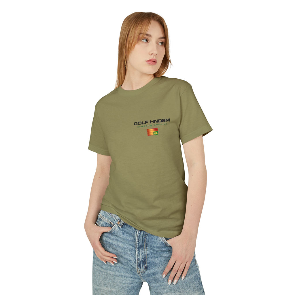 Olive daily tee on model, small chest logo patch and color tag