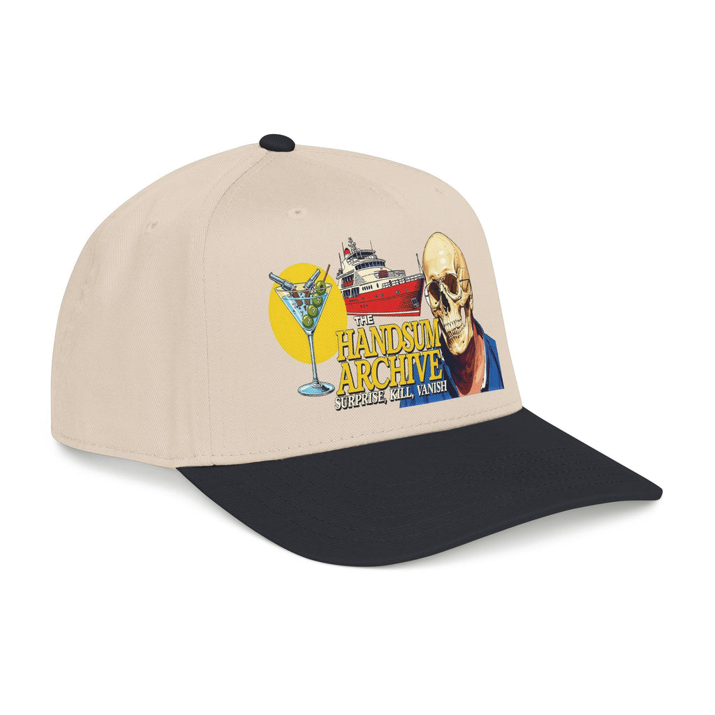Beige baseball cap with front graphic of skull and vintage lettering