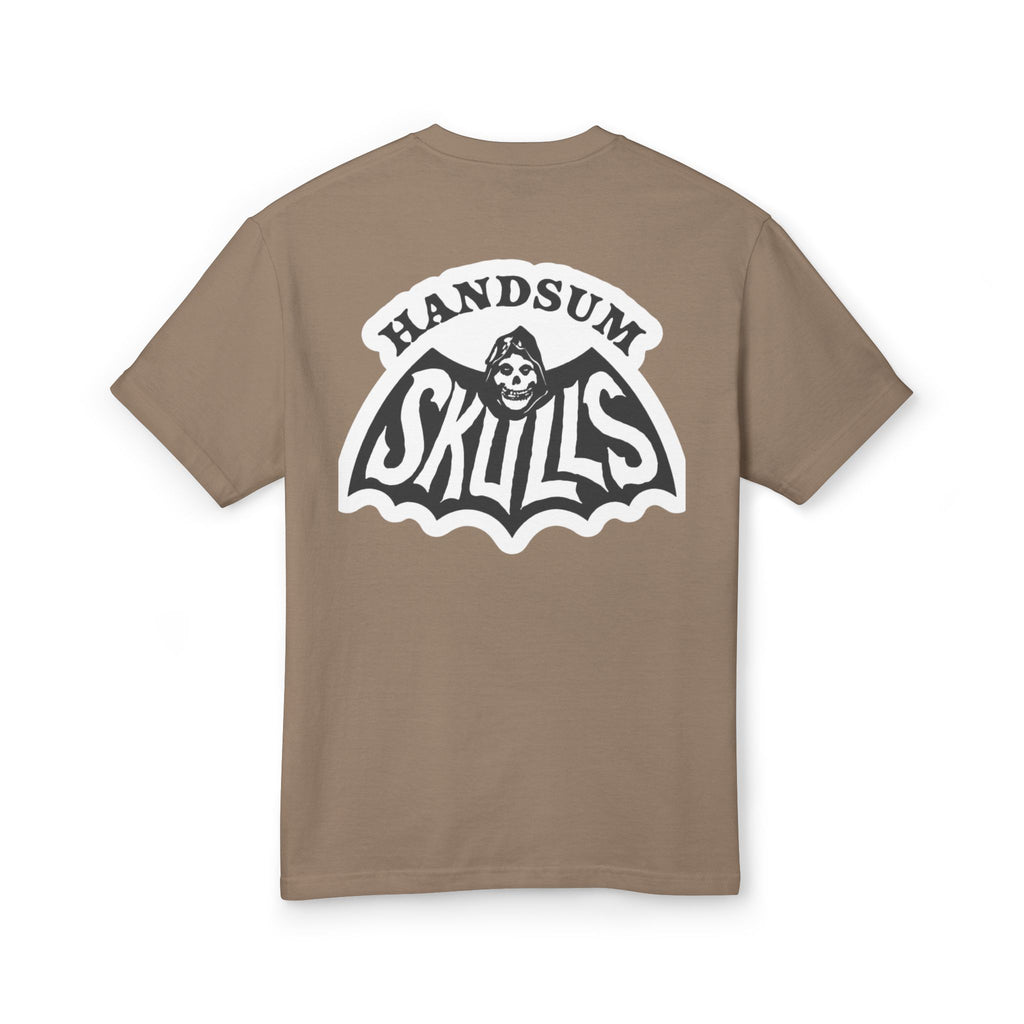Faded brown Misfit tee, back graphic with white "SKULLS" lettering