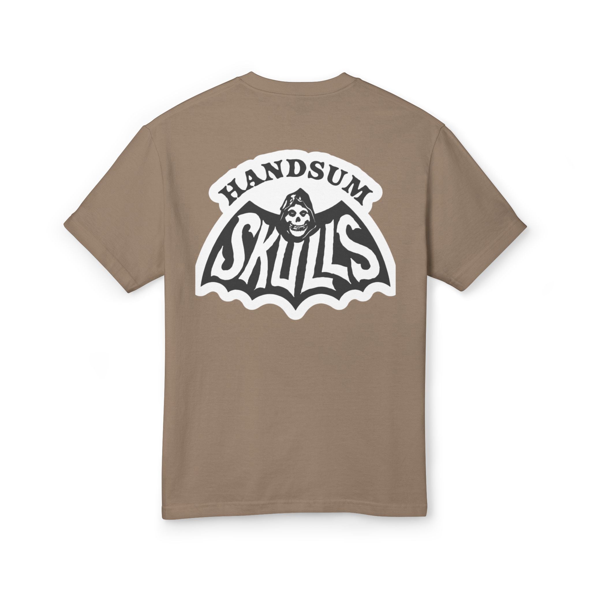 Faded brown Misfit tee, back graphic with white "SKULLS" lettering