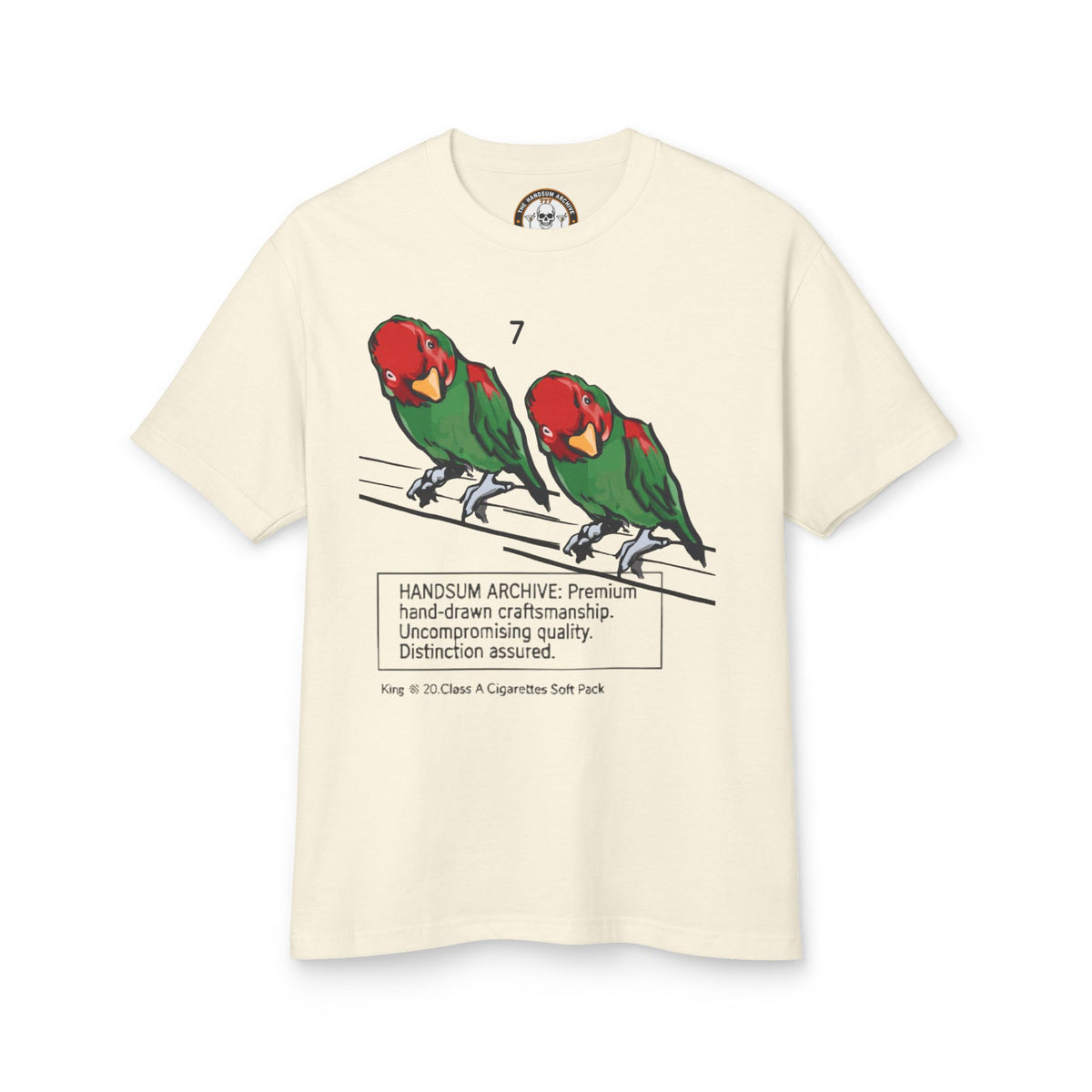 Cotton graphic tee, faded cream front print of two red and green parrots