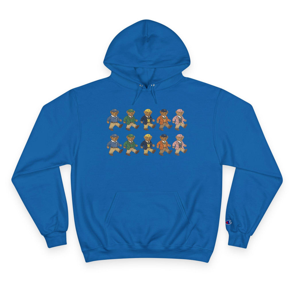 Royal blue hoodie with bear character graphic and kangaroo pocket