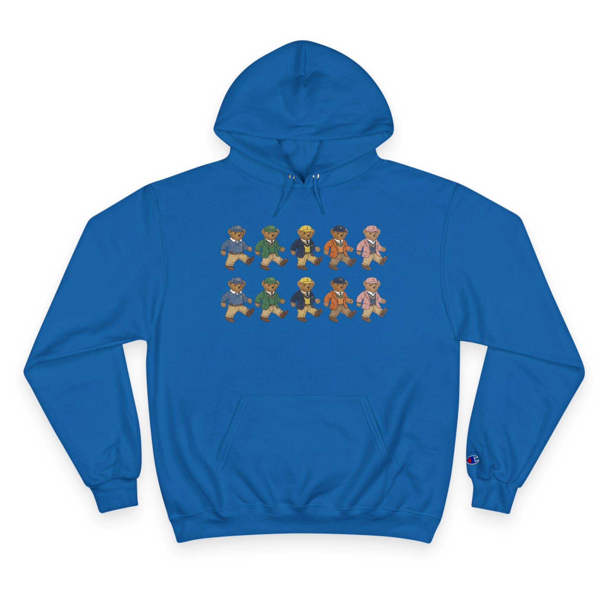Royal blue hoodie with bear character graphic and kangaroo pocket