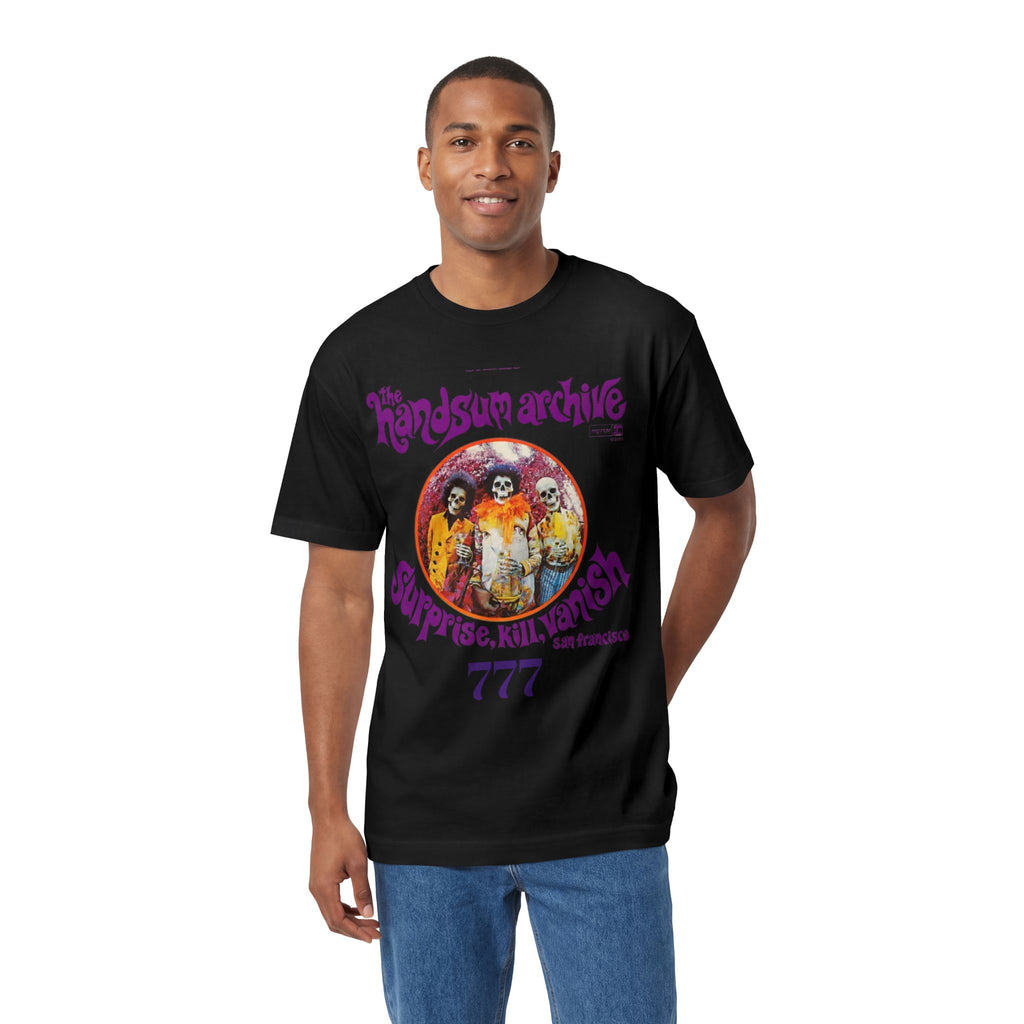 Black crew neck T-shirt with circular purple graphic and number 777 on chest