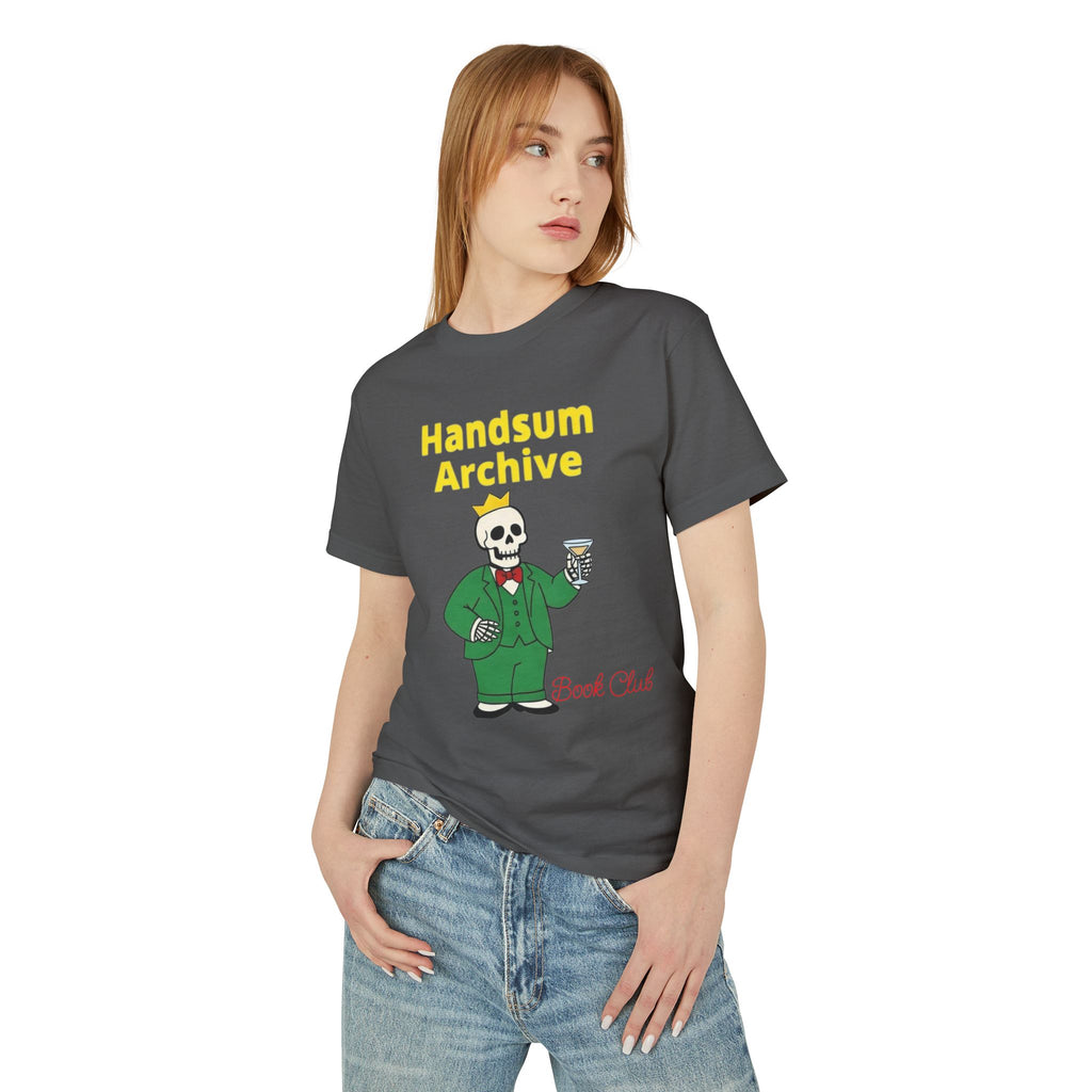 Dark gray T-shirt with Handsum Archive skull bartender graphic on front