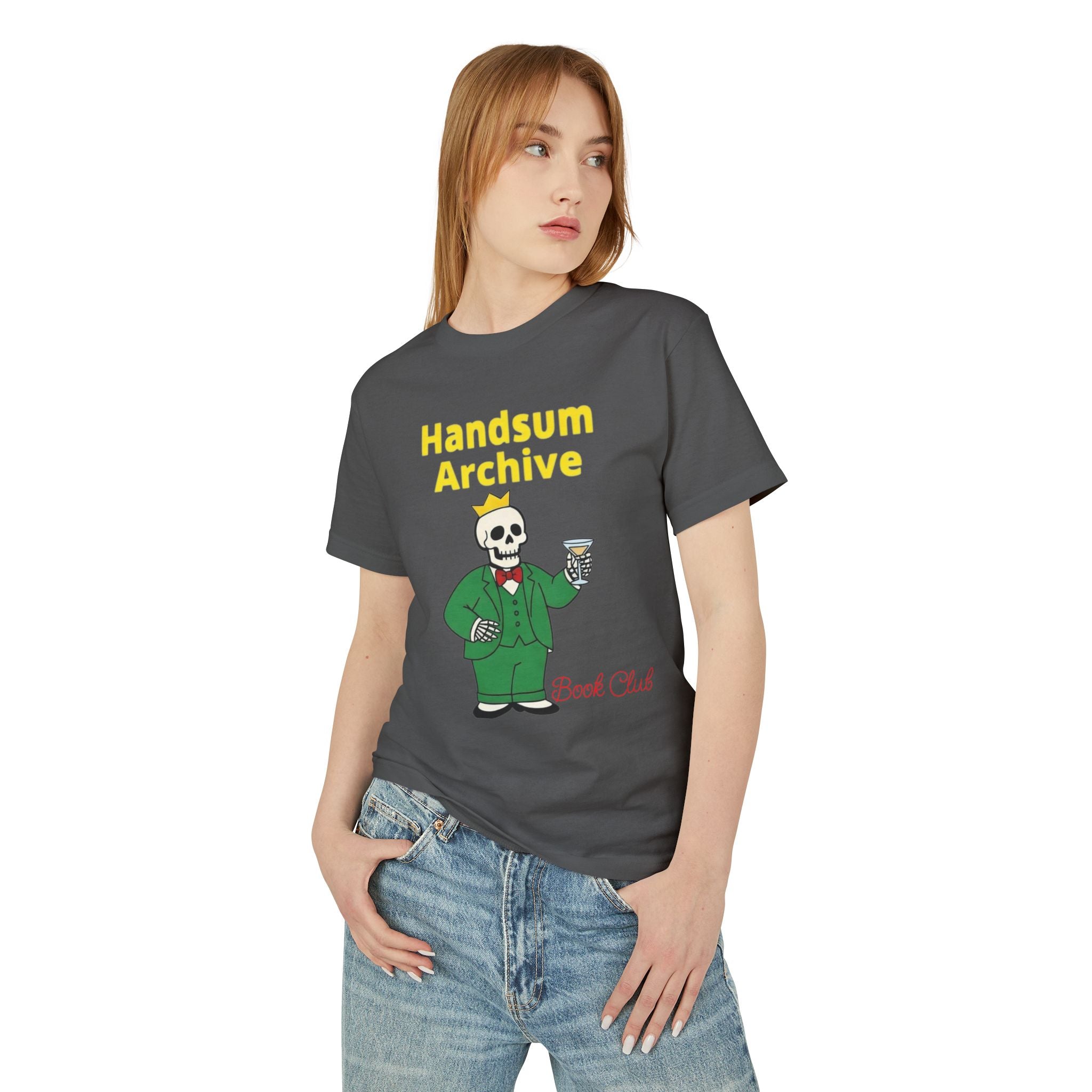 Dark gray T-shirt with Handsum Archive skull bartender graphic on front