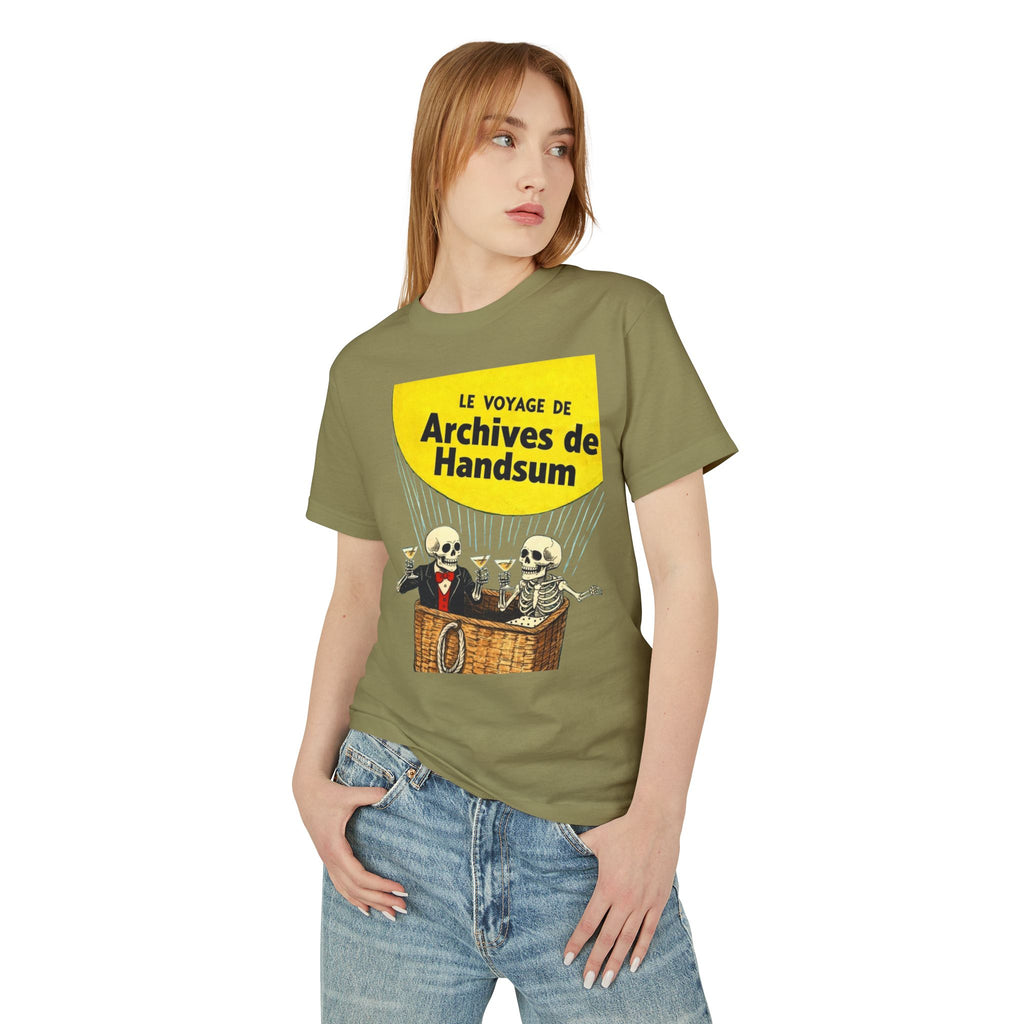 Olive crewneck T-shirt with yellow “Le Voyage de Archives de Handsum” front graphic
