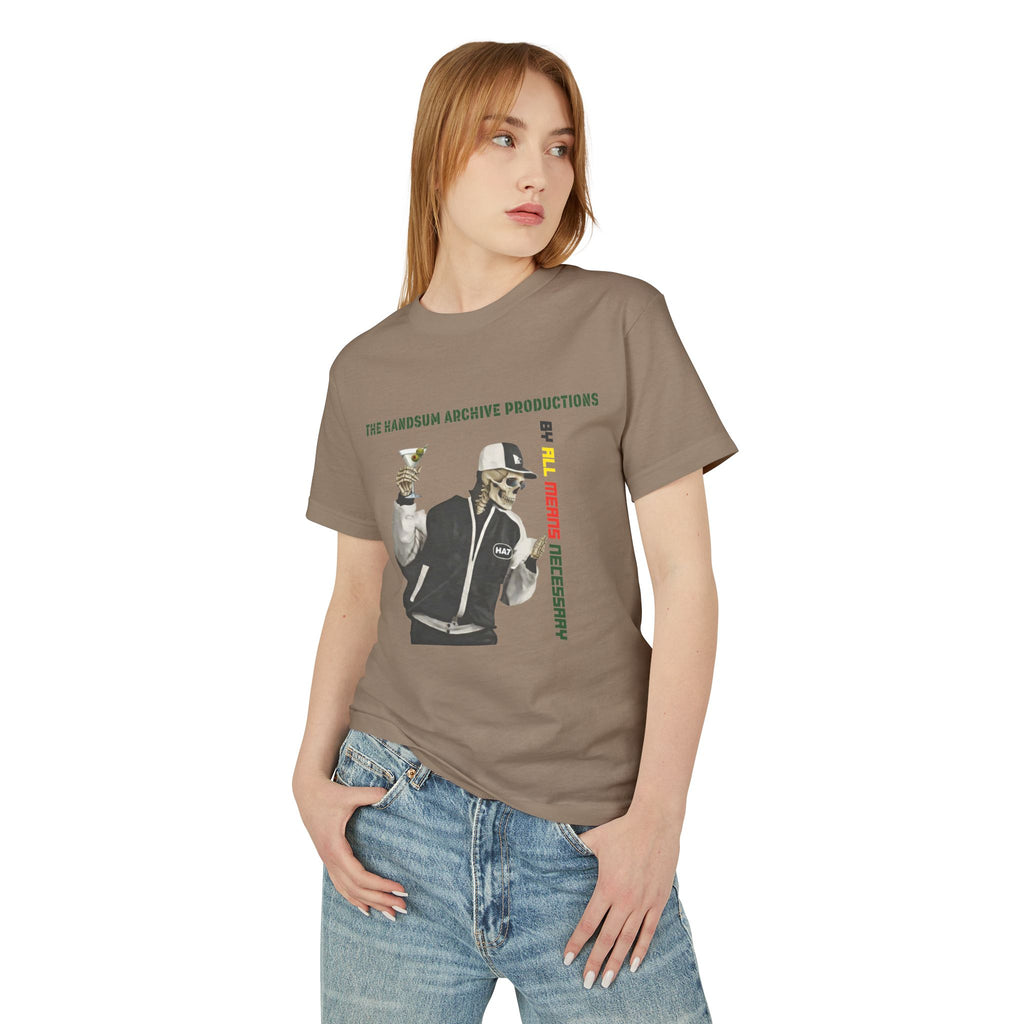 Taupe cotton graphic T-shirt with character illustration and vertical red “LIFESTYLE” text