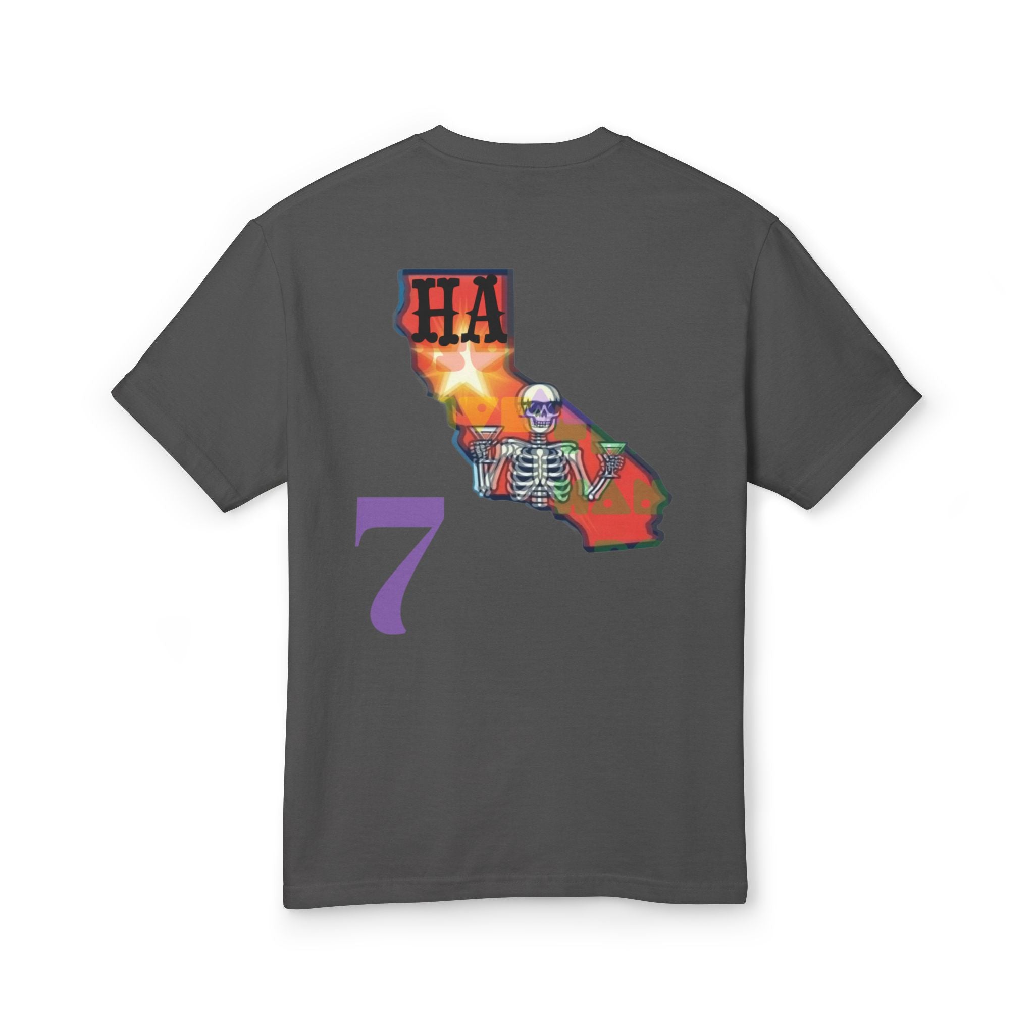 Green Day concert tee, dark gray T-shirt with back skeleton graphic and number 7