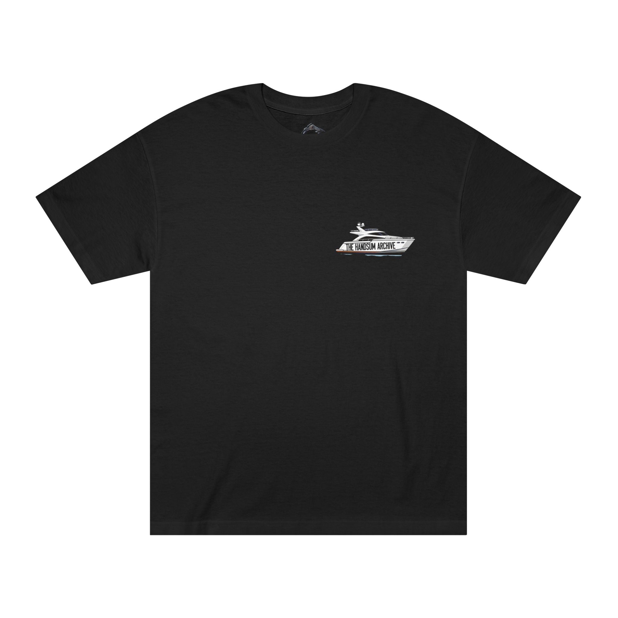 Black short-sleeve tee with small centered logo graphic on chest