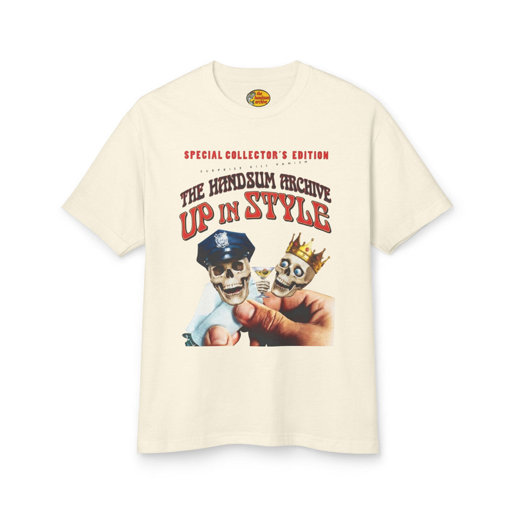Faded cream crewneck T-shirt with front graphic print of two skulls and red “Up in Style” text.