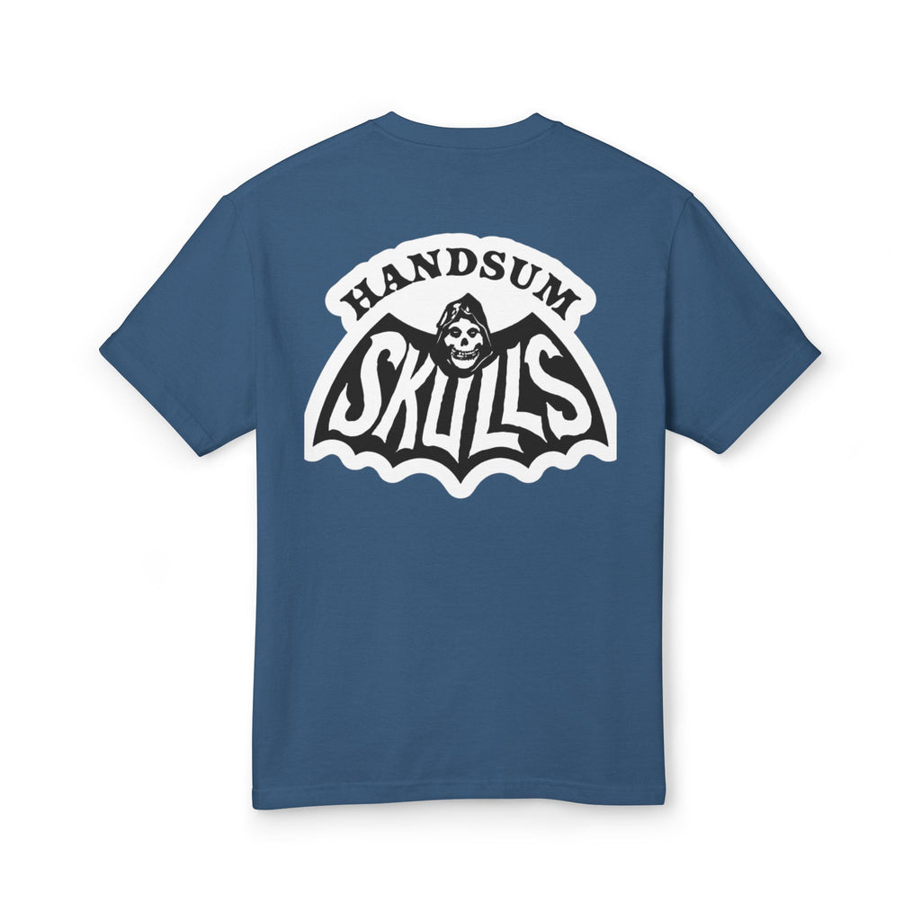 Blue crewneck T-shirt with large back logo and skull illustration inside oval