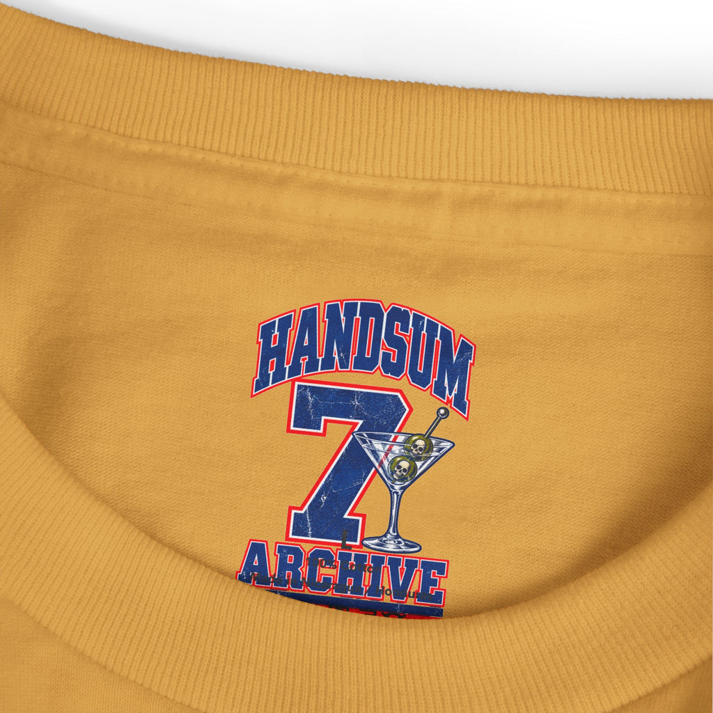 Mustard graphic tee with “HANDSUM ARCHIVE” logo on the chest