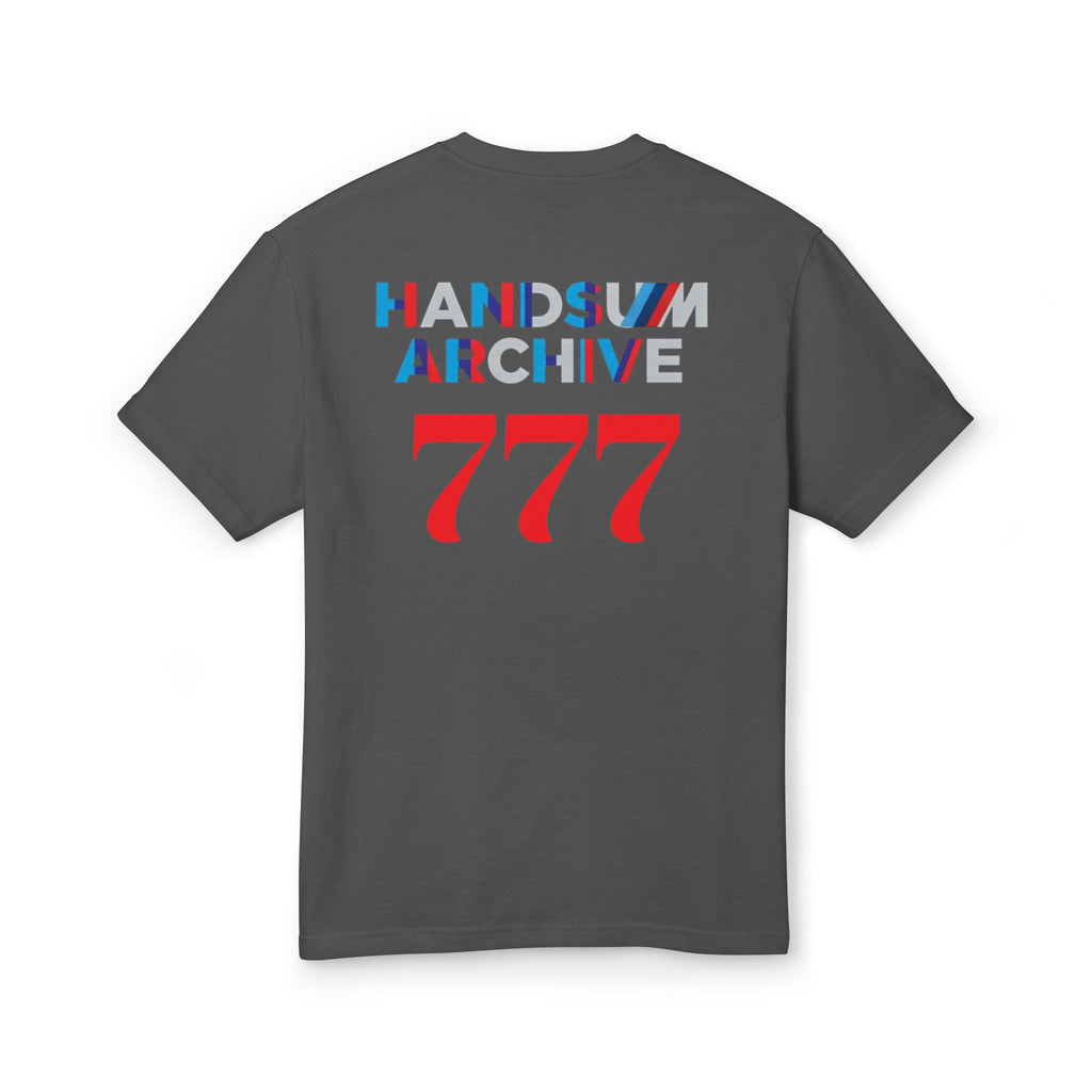 Dark gray crewneck tee with large “HANDSUN ARCHIVE 777” back print.
