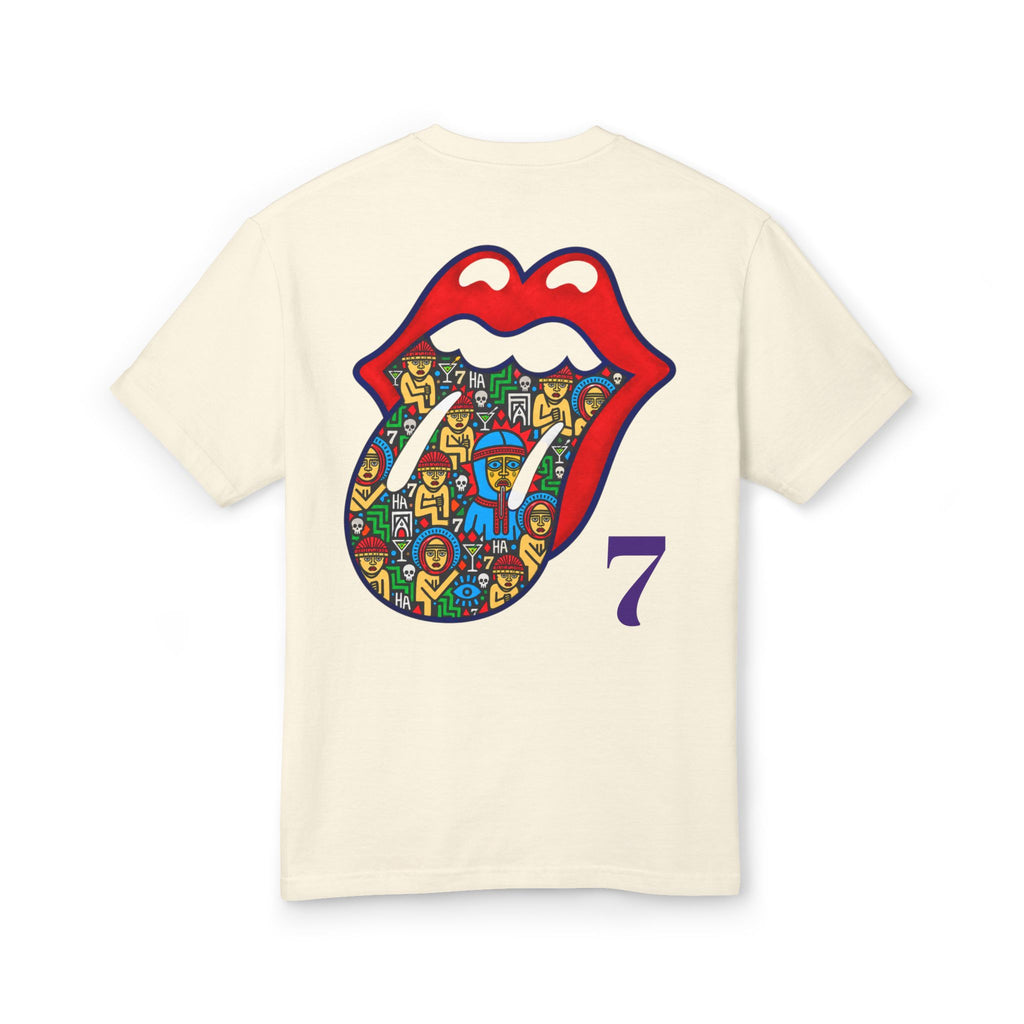 Cream graphic T-shirt with colorful lips crest and purple '7' on back