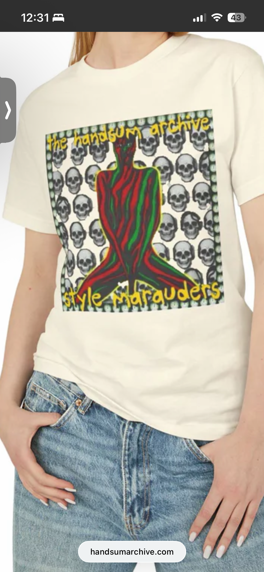 Cream T-shirt with front graphic: skull collage and striped red figure, crew neck
