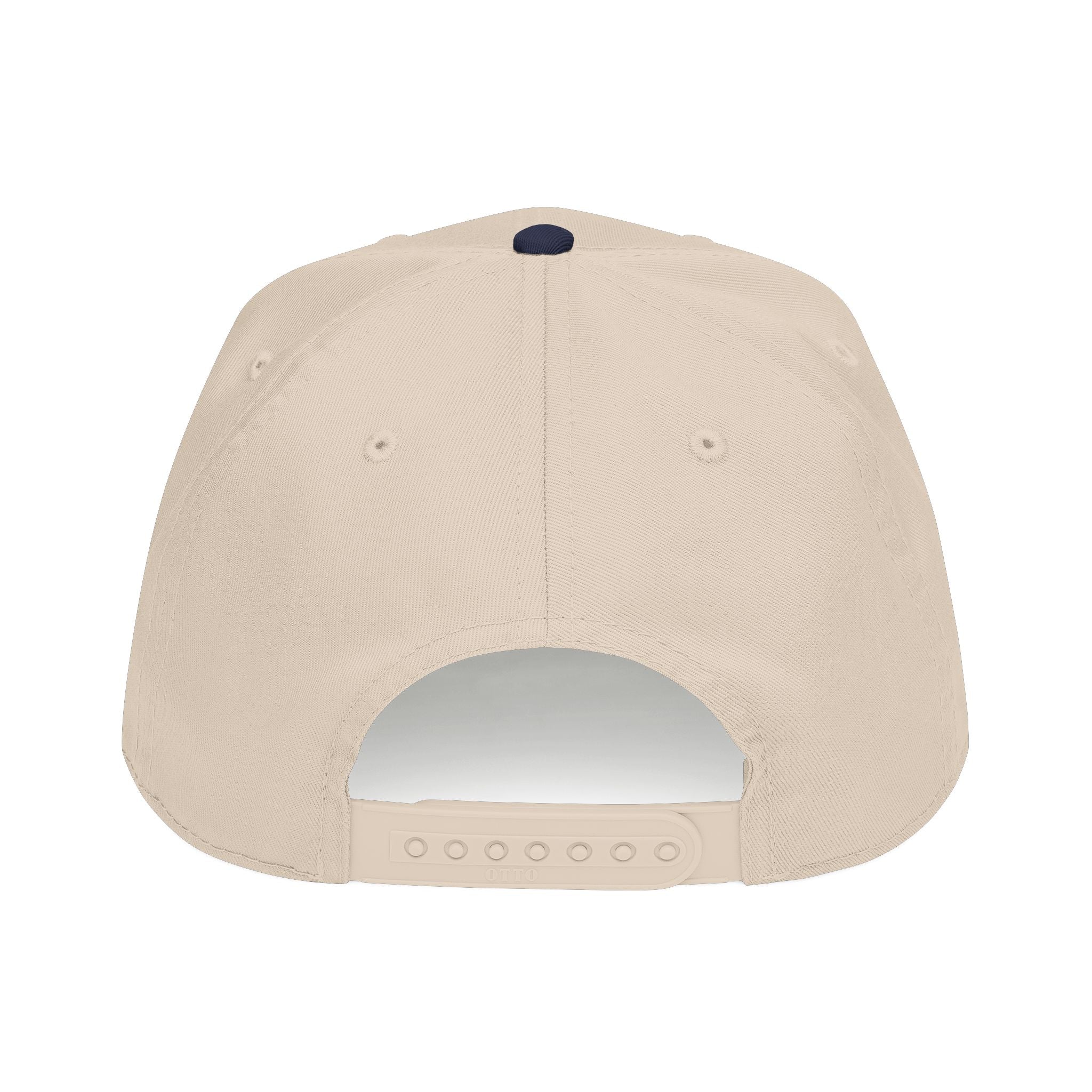 Natural baseball cap top view with dark button and vented eyelets