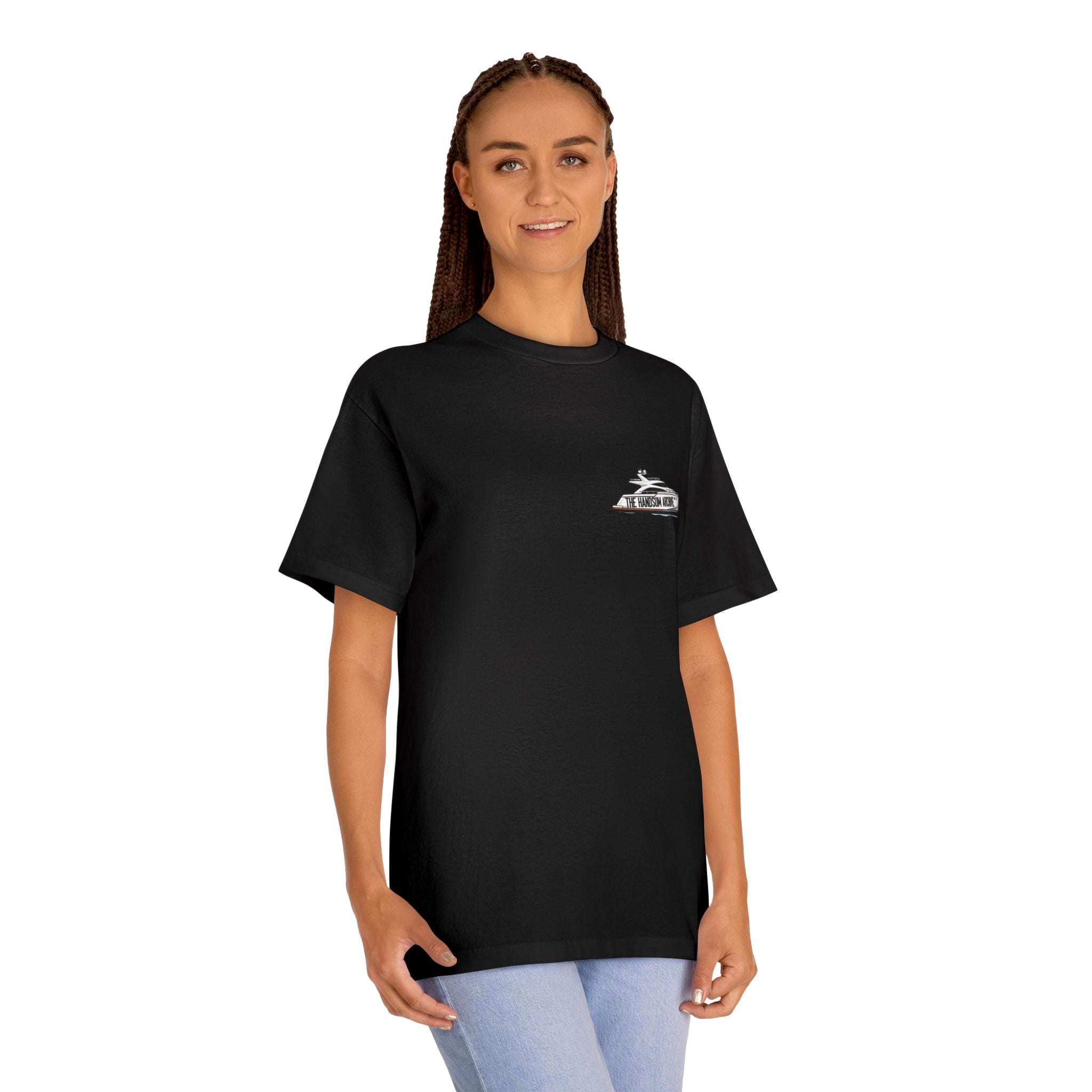 Black short-sleeve tee with small chest logo patch graphic