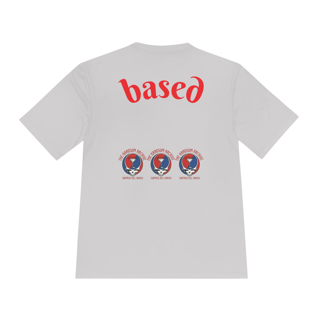 Silver moisture-wicking tee back with large 'based' text and three logo icons.