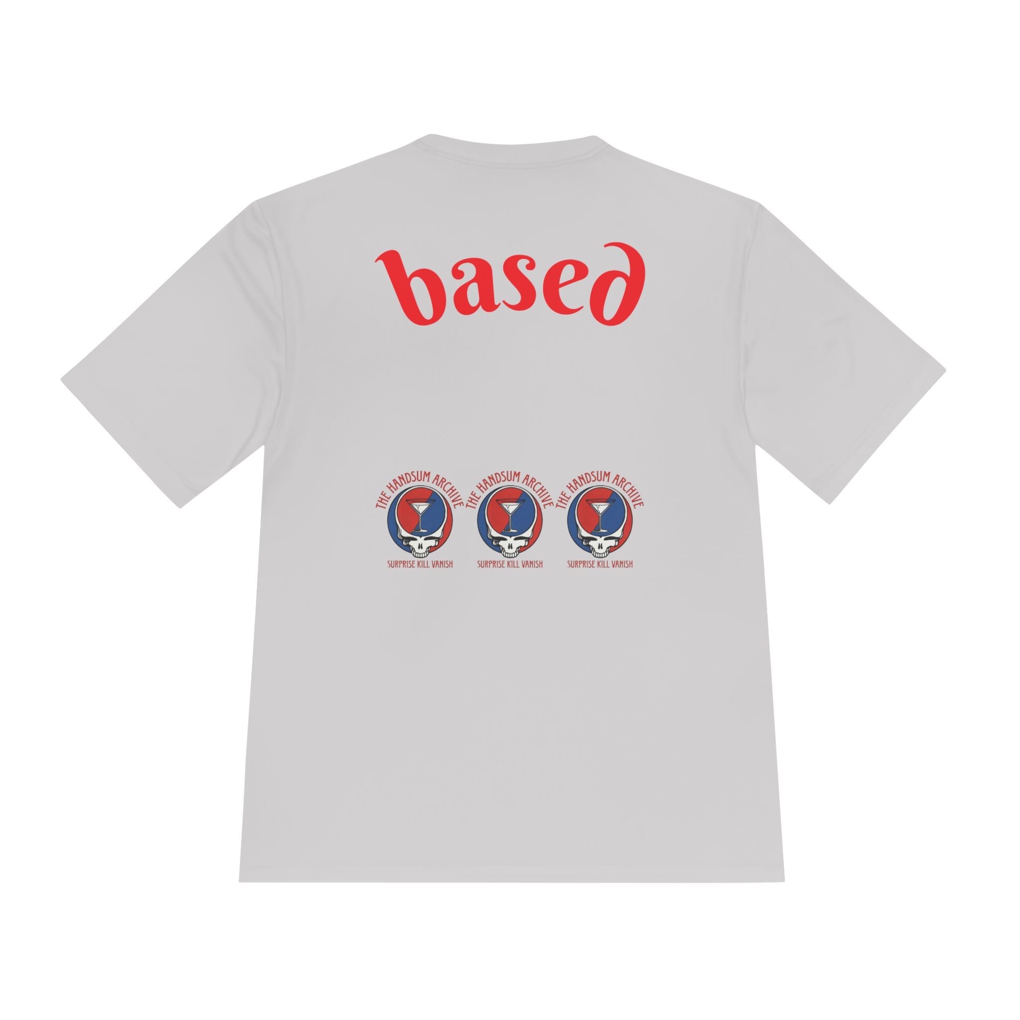 Silver moisture-wicking tee back with large 'based' text and three logo icons.