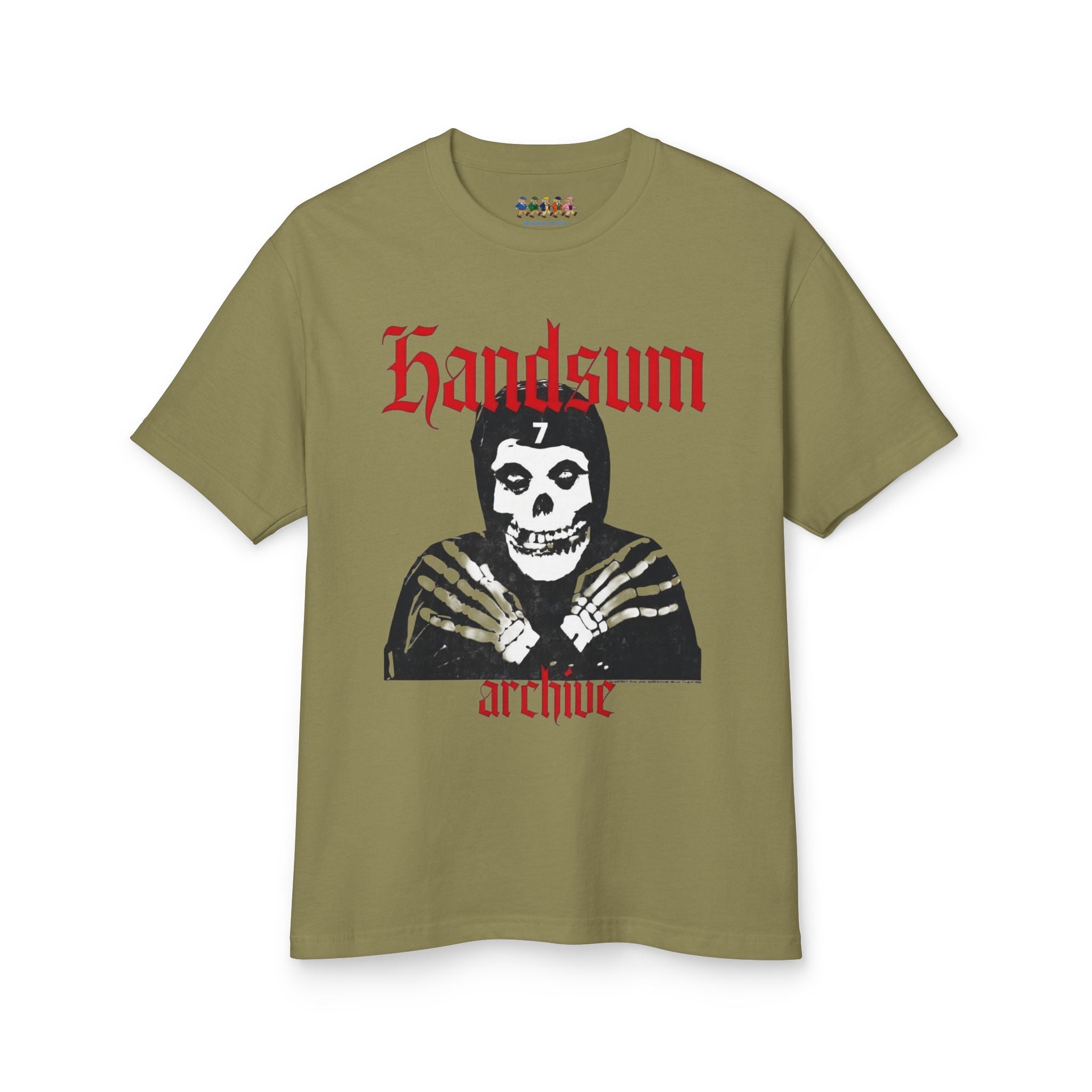 Olive Misfit tee with skull portrait graphic and red "archive" lettering