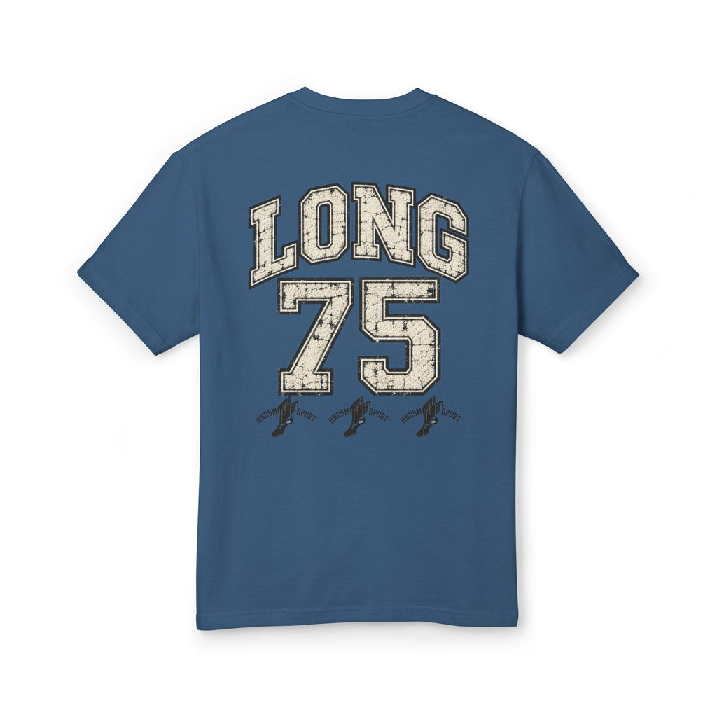 Navy crewneck T-shirt with 'LONG 75' back graphic and small boot icons