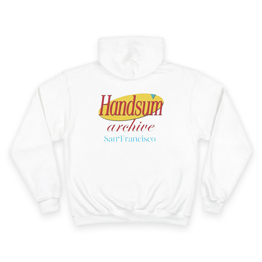 White hoodie with large back logo text "Handsfilm archive" and "San Francisco".