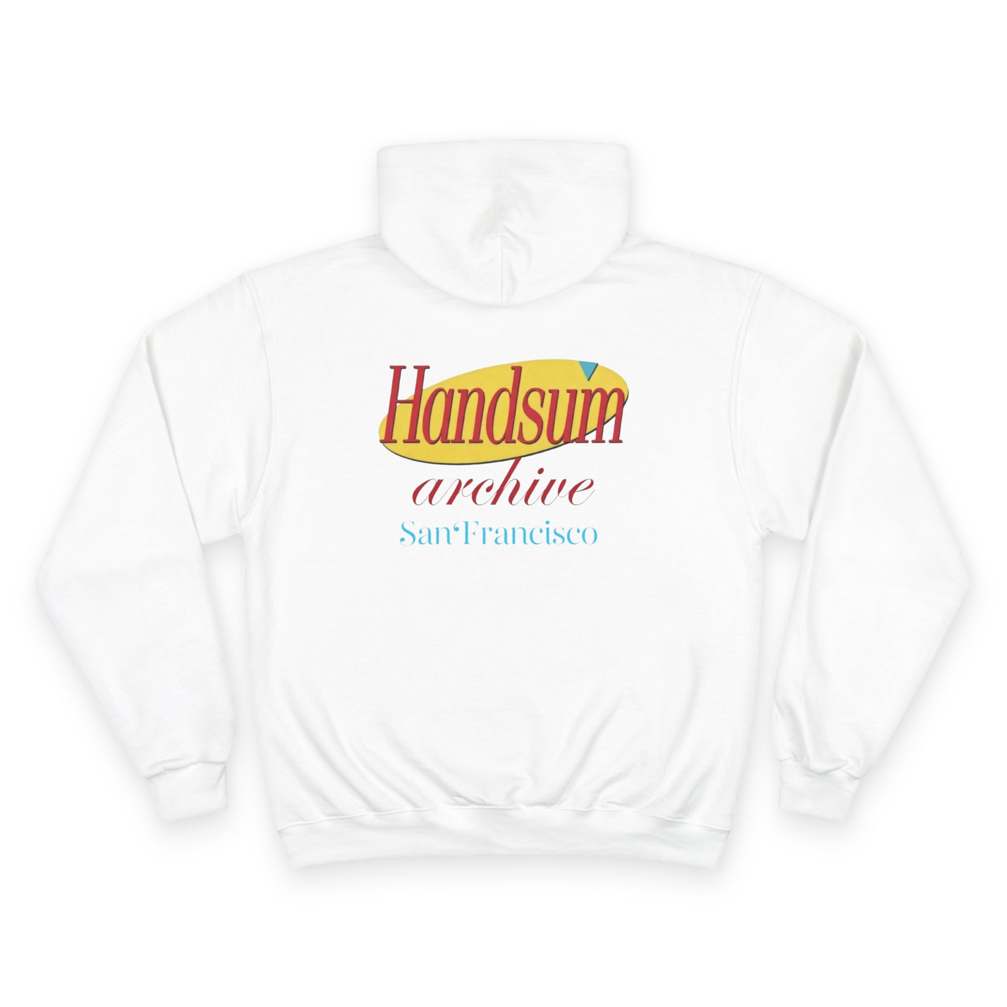 White hoodie with large back logo text "Handsfilm archive" and "San Francisco".