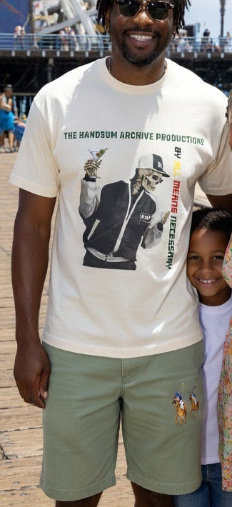 White graphic T-shirt with illustrated character and vertical wordmark print