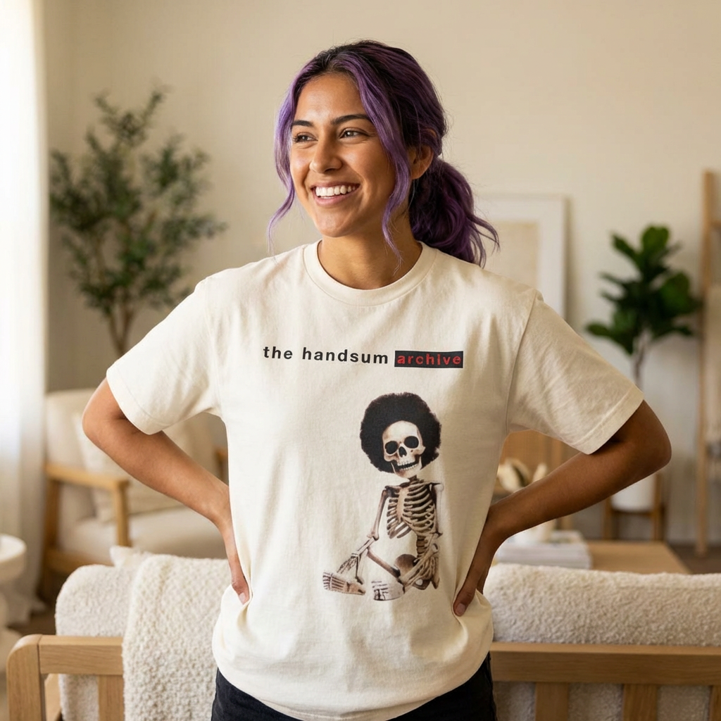 Warning Tee faded cream T-shirt with skeleton graphic and 'the handsum archive' logo