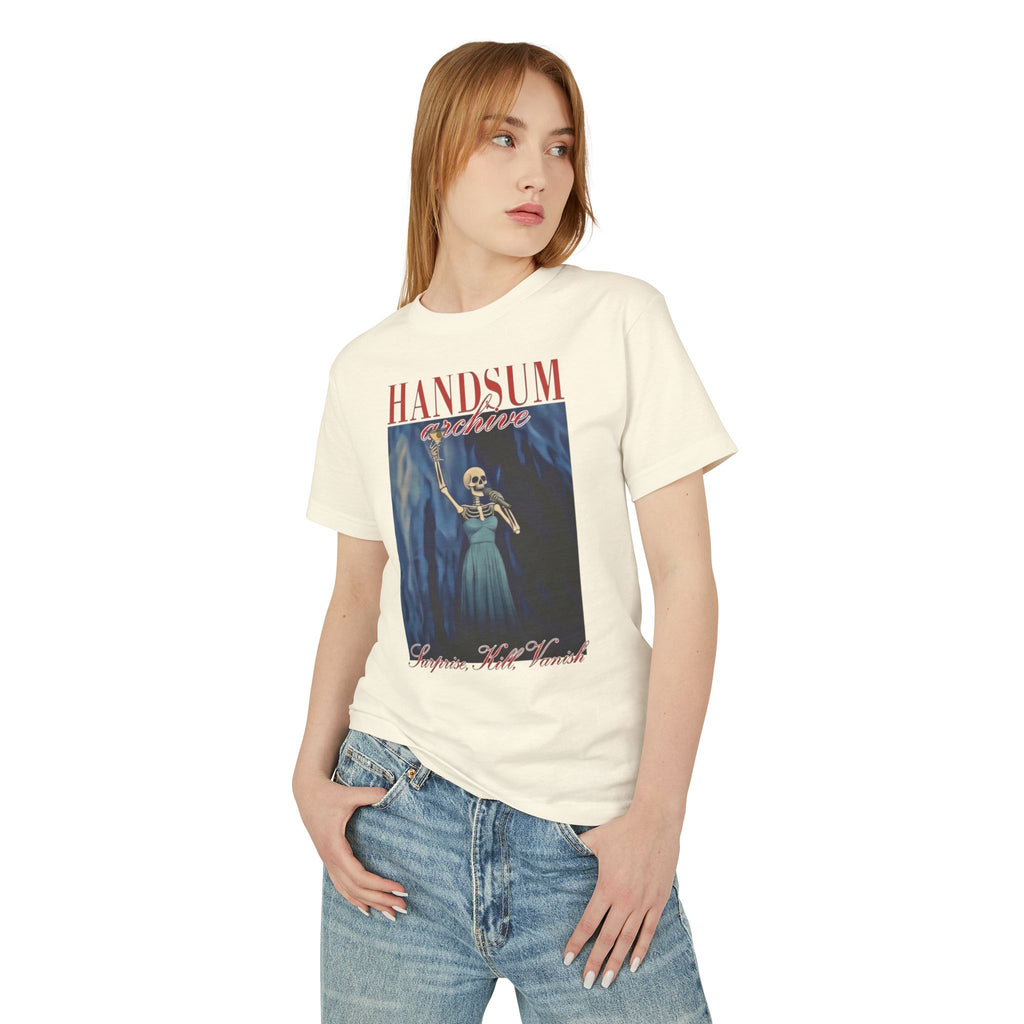 Cream crew-neck tee with front skeleton holding scythe graphic, worn by model