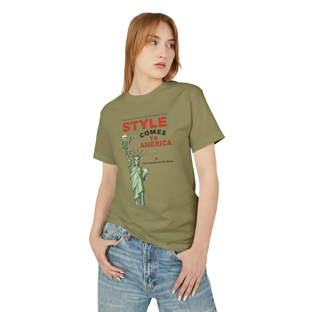 Faded army crewneck tee with Statue of Liberty-style front print