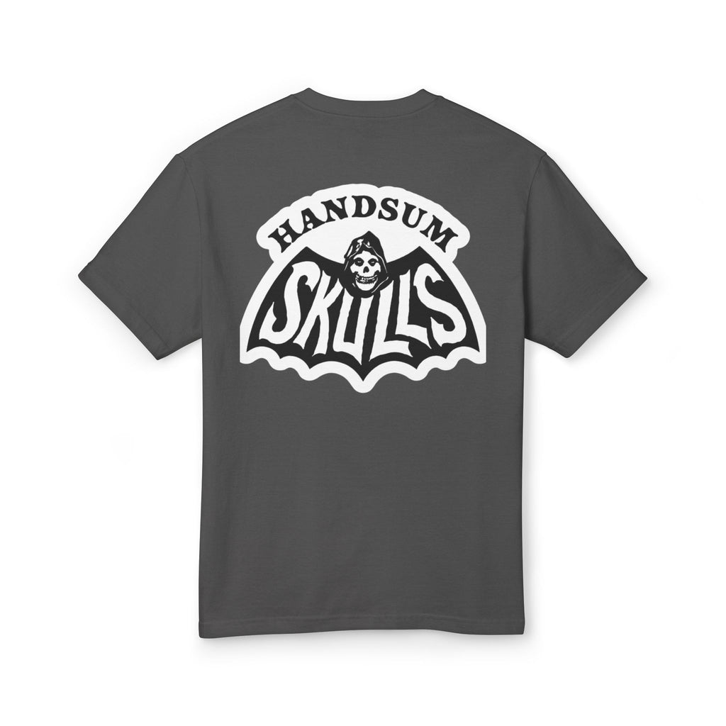 Charcoal crewneck T-shirt with large back oval logo and skull illustration