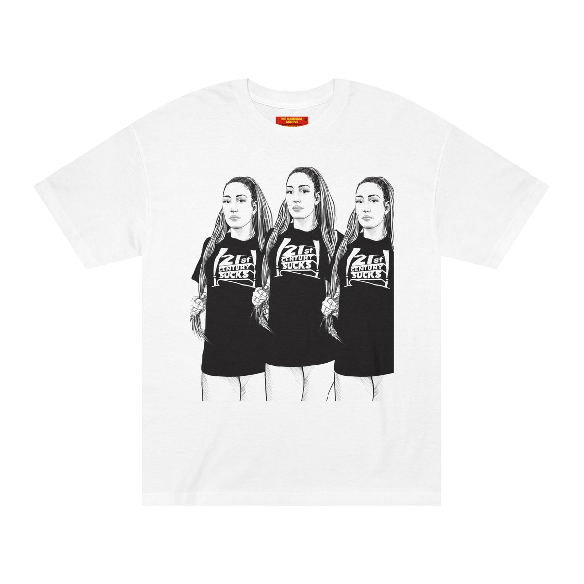 White T-shirt with front graphic of three women in black tops and white pants.