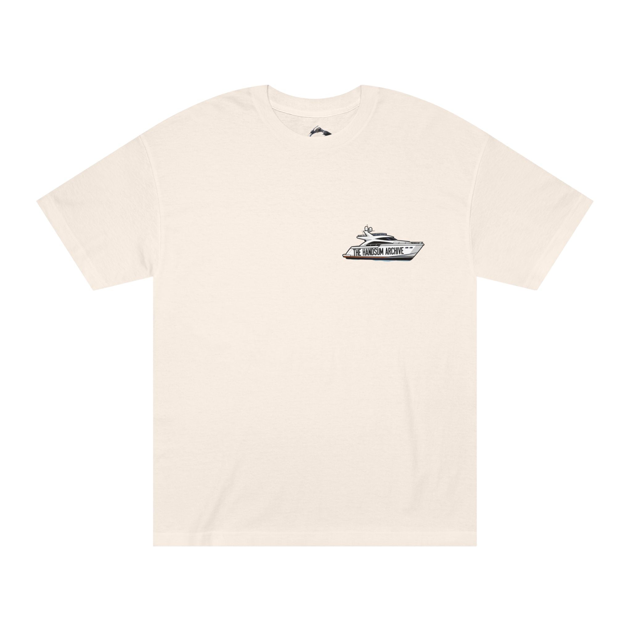 Light cream short-sleeve tee with small centered logo graphic on chest