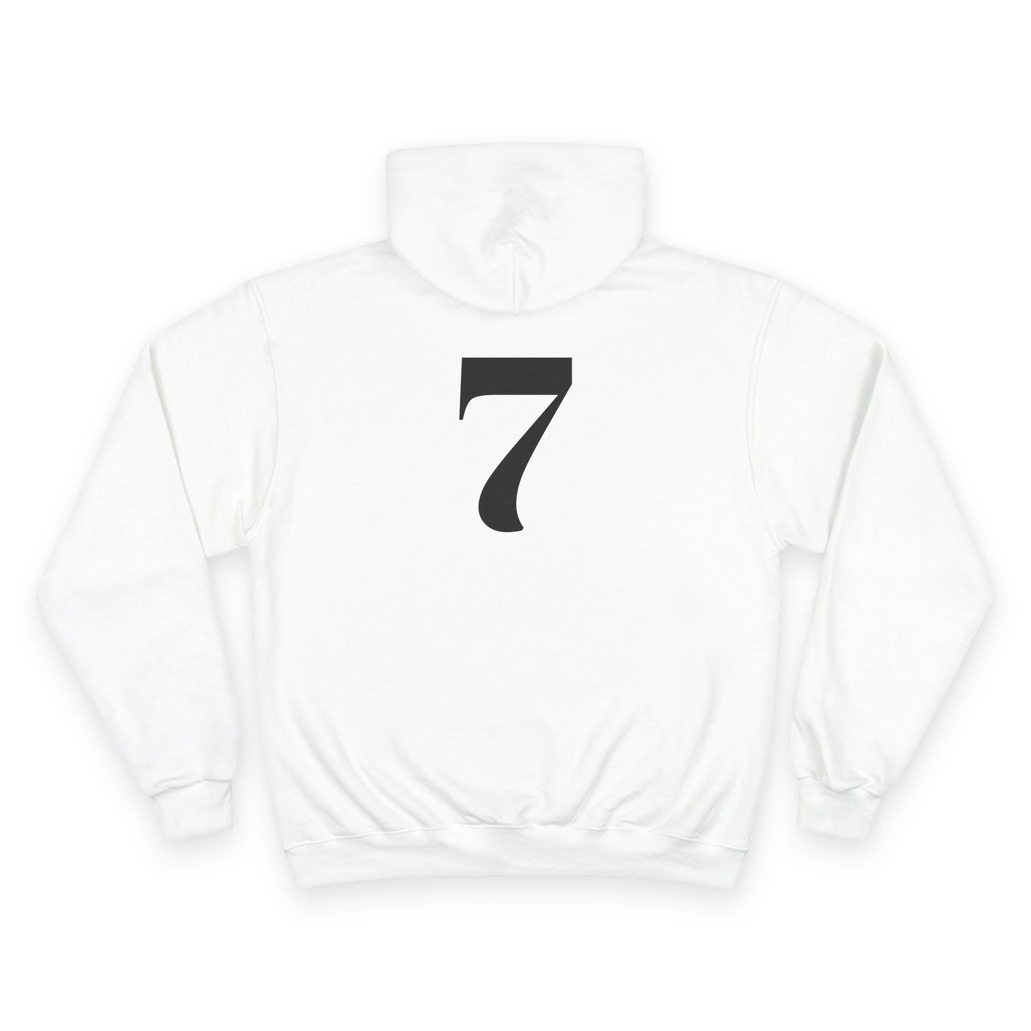 White hoodie with large black 7-style emblem and kangaroo pocket