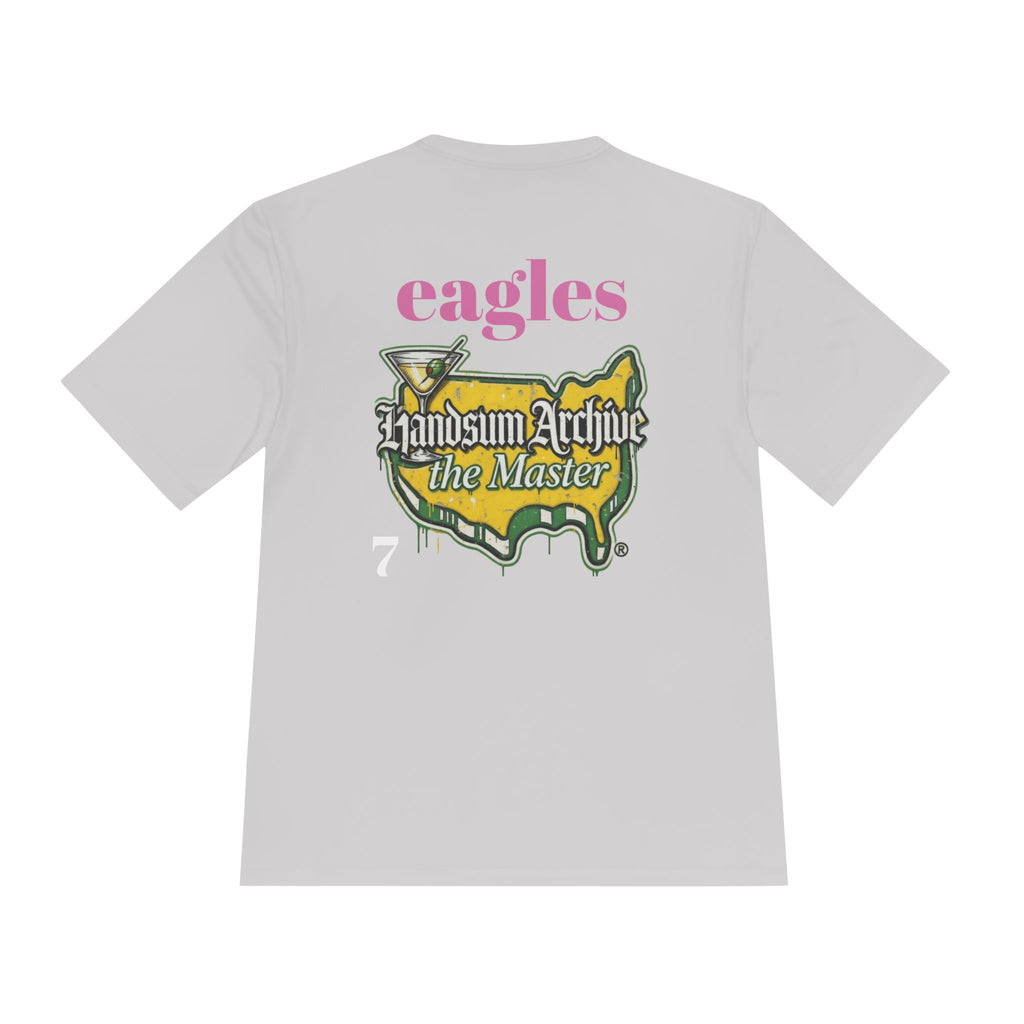 White T-shirt with back “eagles” lettering and “Handsum Archive the Master” graphic.