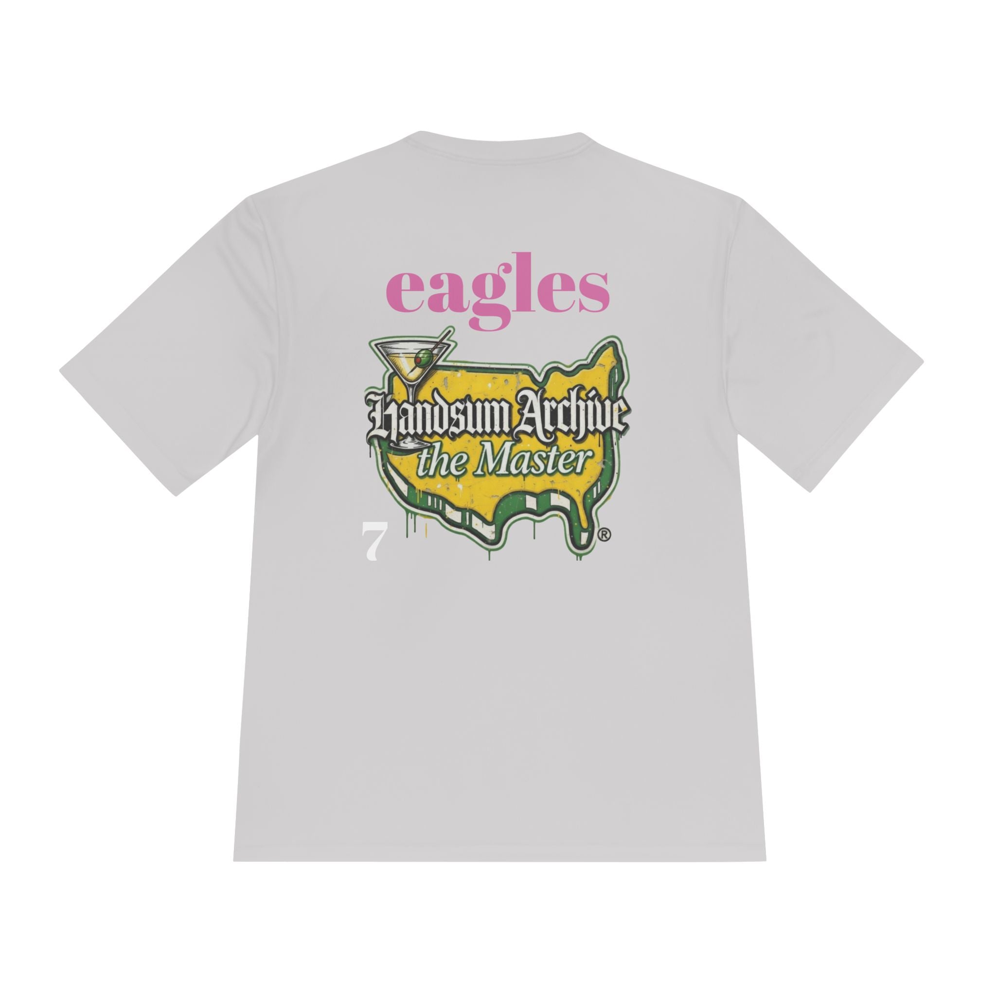 White T-shirt with back “eagles” lettering and “Handsum Archive the Master” graphic.