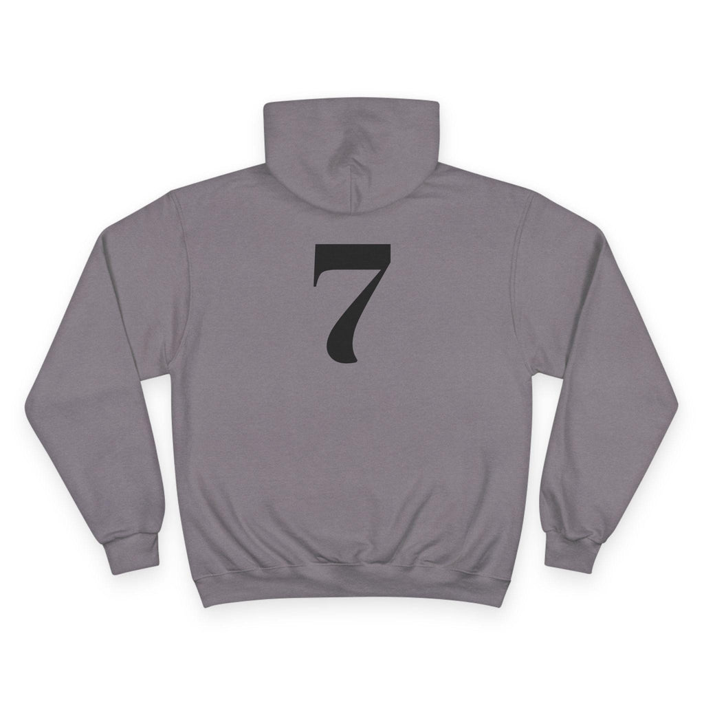 Stone grey hoodie with large black 7-style emblem and kangaroo pocket