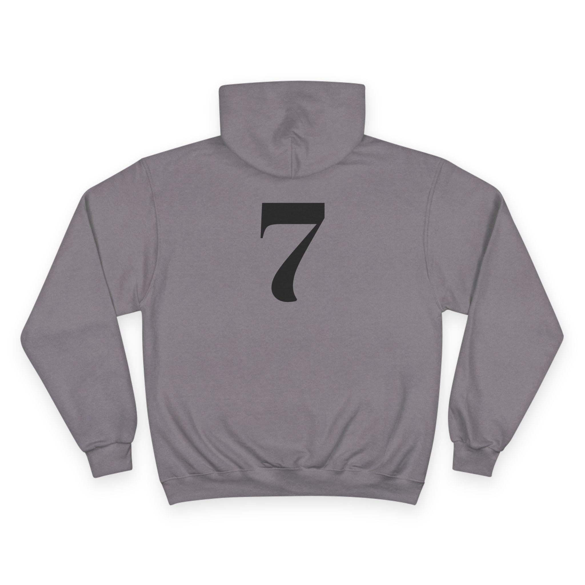 Stone grey hoodie with large black 7-style emblem and kangaroo pocket